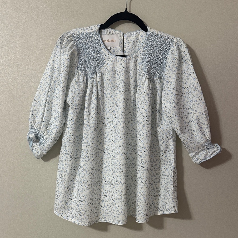Dondolo Women's Fall Floral Shirt Blue Ditsy Print Smocking Sz XS Shabby Chic